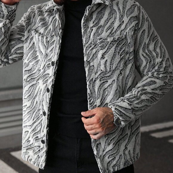 Multicolor Casual Men's Zebra Print Fleece Jacket - Picture 7 of 8